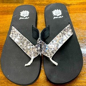 Yellow box silver sequin flip flops - Size 8.5